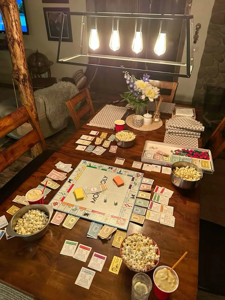Mesa preparada con juegos y aperitivos para una noche de juego