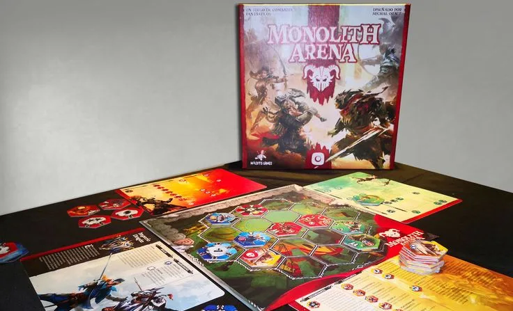 Tablero hexagonal de Monolith Arena con fichas de héroes sobre una mesa